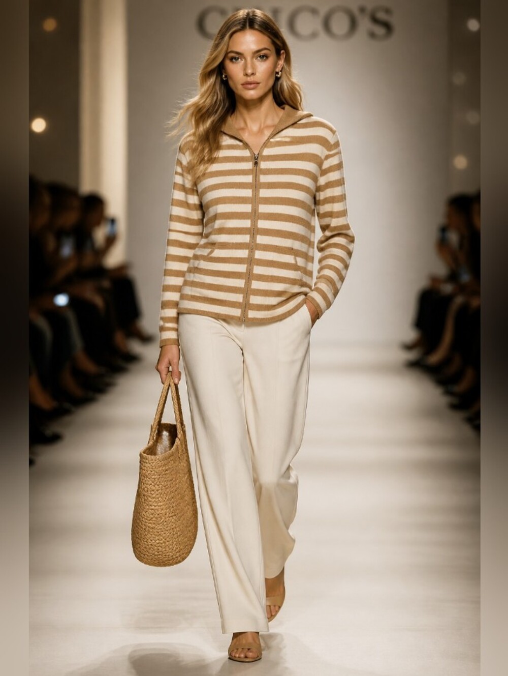Chico's Striped Hooded Zip Jacket in Beige & Cream